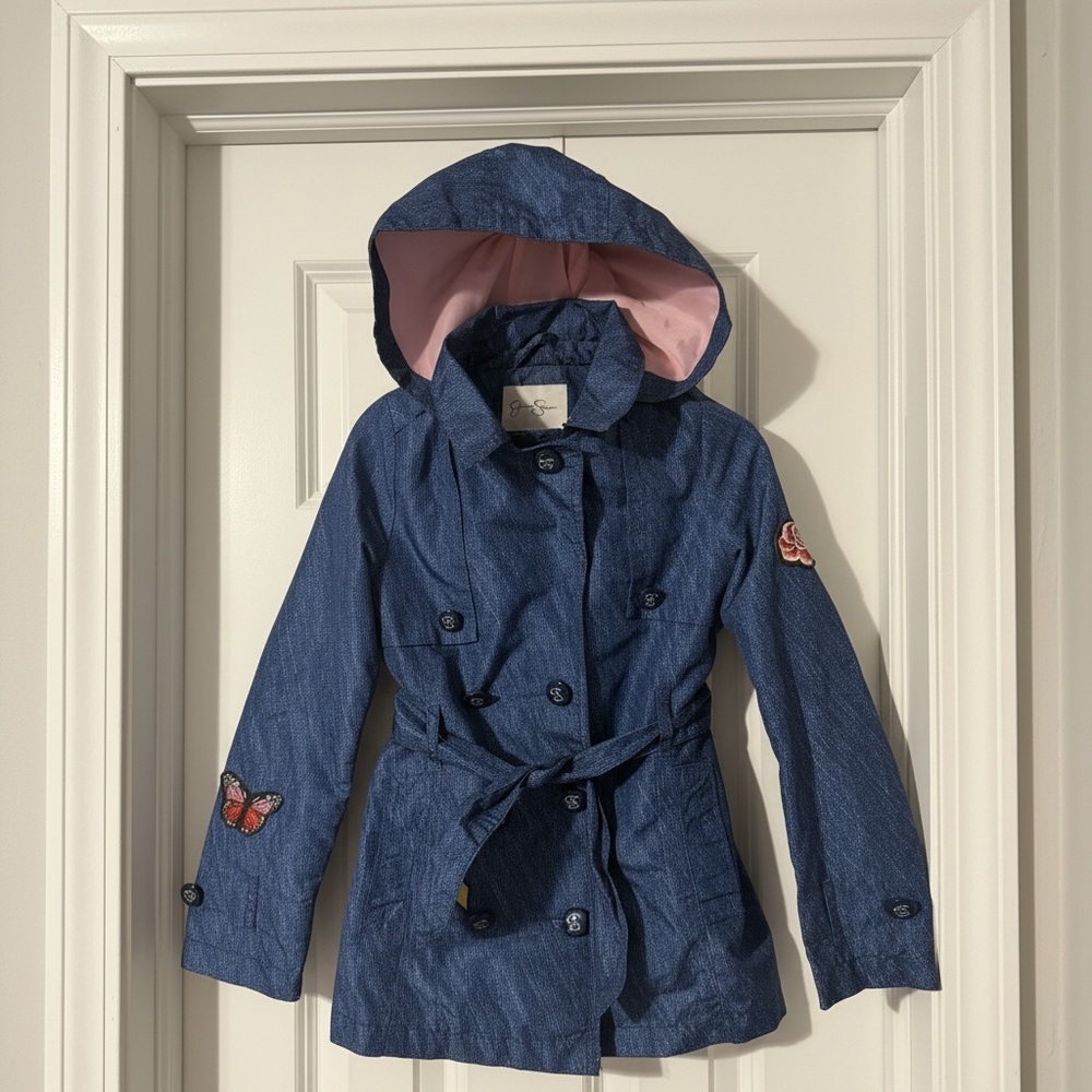 Jessica Simpson Faux Denim Trench Coat Raincoat - Picture 2 of 6